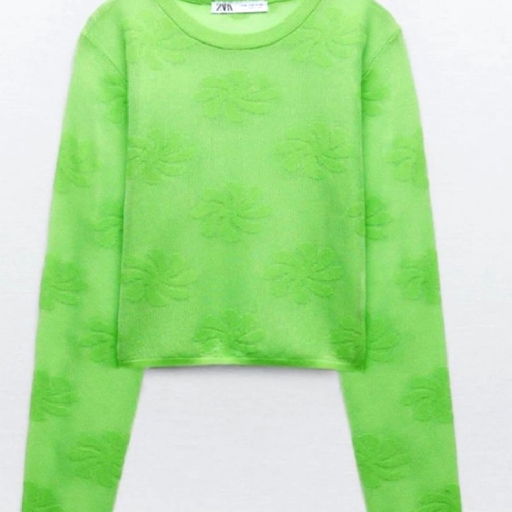 ZARA Mesh Floral Knit Metallic Effect Long Sleeve Neon Green 💚 Top NWT - Picture 11 of 11